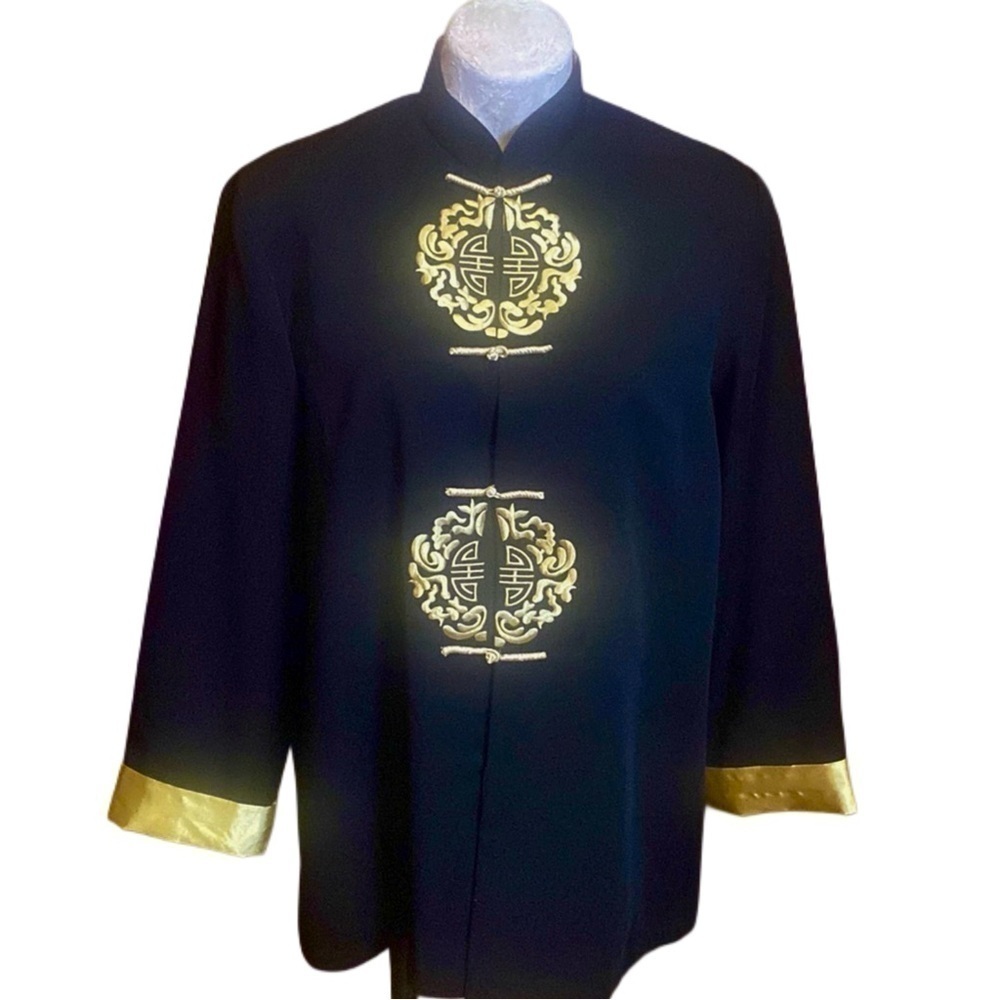 Vintage Kim Fashions Asian black gold unisex cotton polyester jacket Sz XL